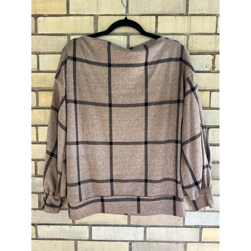 Oddi Tan Black Plaid Boat Neck Sweater Soft Balloon Sleeve Sz Small Made In USA